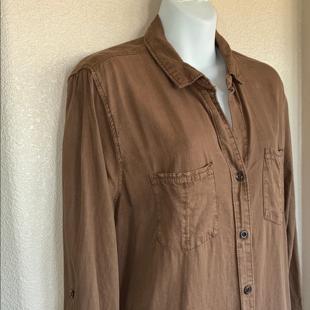 VELVET HEART Long Brown Button-Up Shirt, brass buttons, roll up sleeves. L - Picture 5 of 16
